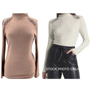 Express Light Pink Rhinestone Embellished Mock Neck Sweater Women's Size Medium